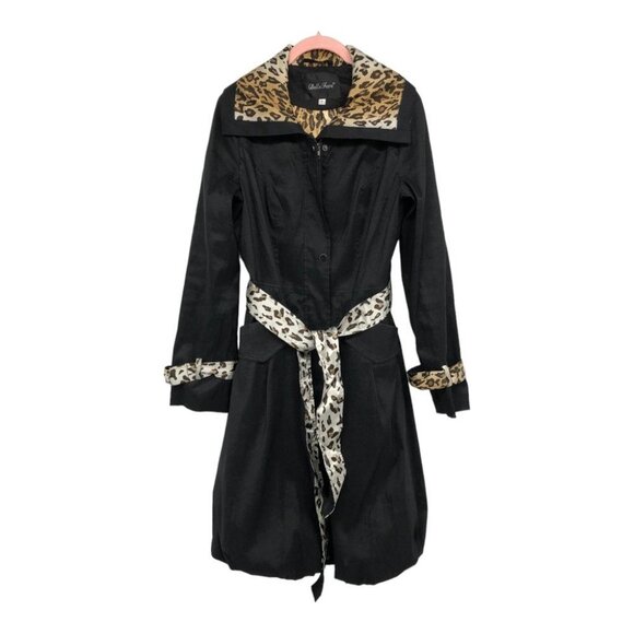 Bella Fare Black Cheetah Print Trim Lining retro slim fit Trench Coat size M - Picture 13 of 13